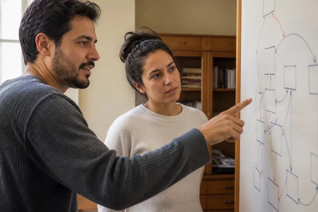 Facilitadora aponta para um mapa de argumento desenhado no quadro branco enquanto um participante acompanha