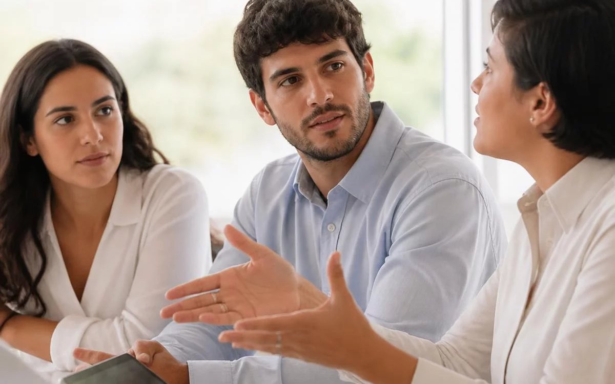 Roda de conversa numa sala clara, com uma pessoa expondo o ponto e duas escutando