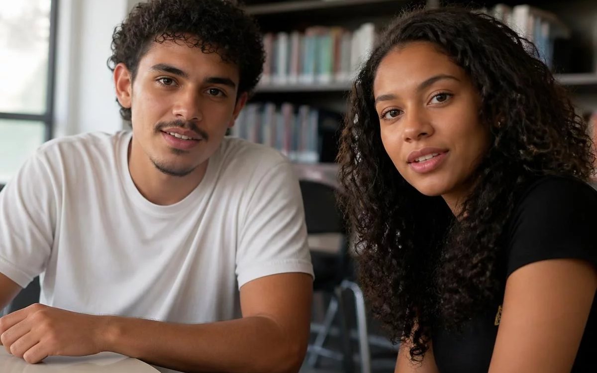 Três pessoas sentadas a uma mesa comprida, no meio de uma conversa numa sala de janelas altas